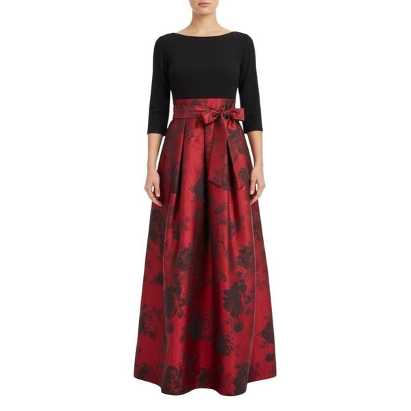 Jessica Howard  Black & Red Floral Print Gown With Bow Detail 3/4 Sleeves Sz 12
