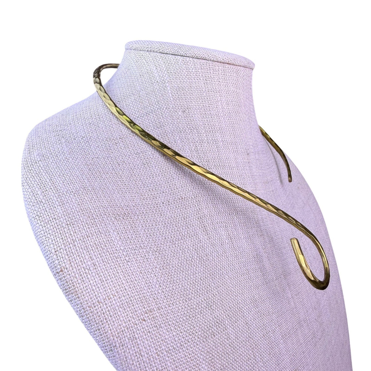 Hammered Metal Unisex Gold Tone Choker Necklace Modernist Hook Closure Handmade