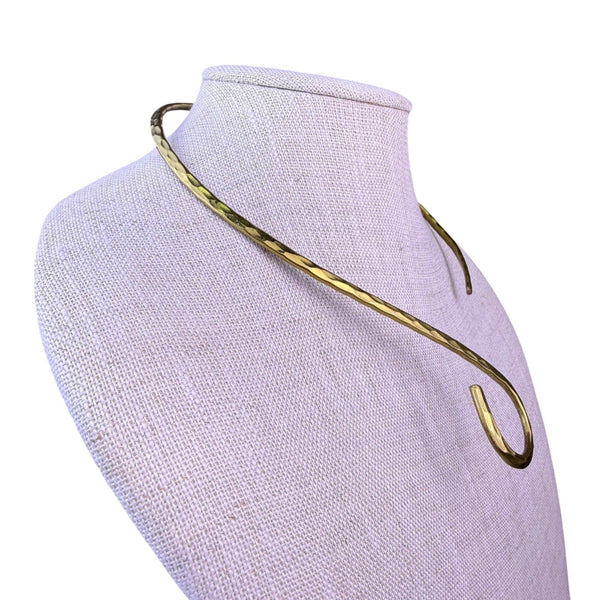 Hammered Metal Unisex Gold Tone Choker Necklace Modernist Hook Closure Handmade