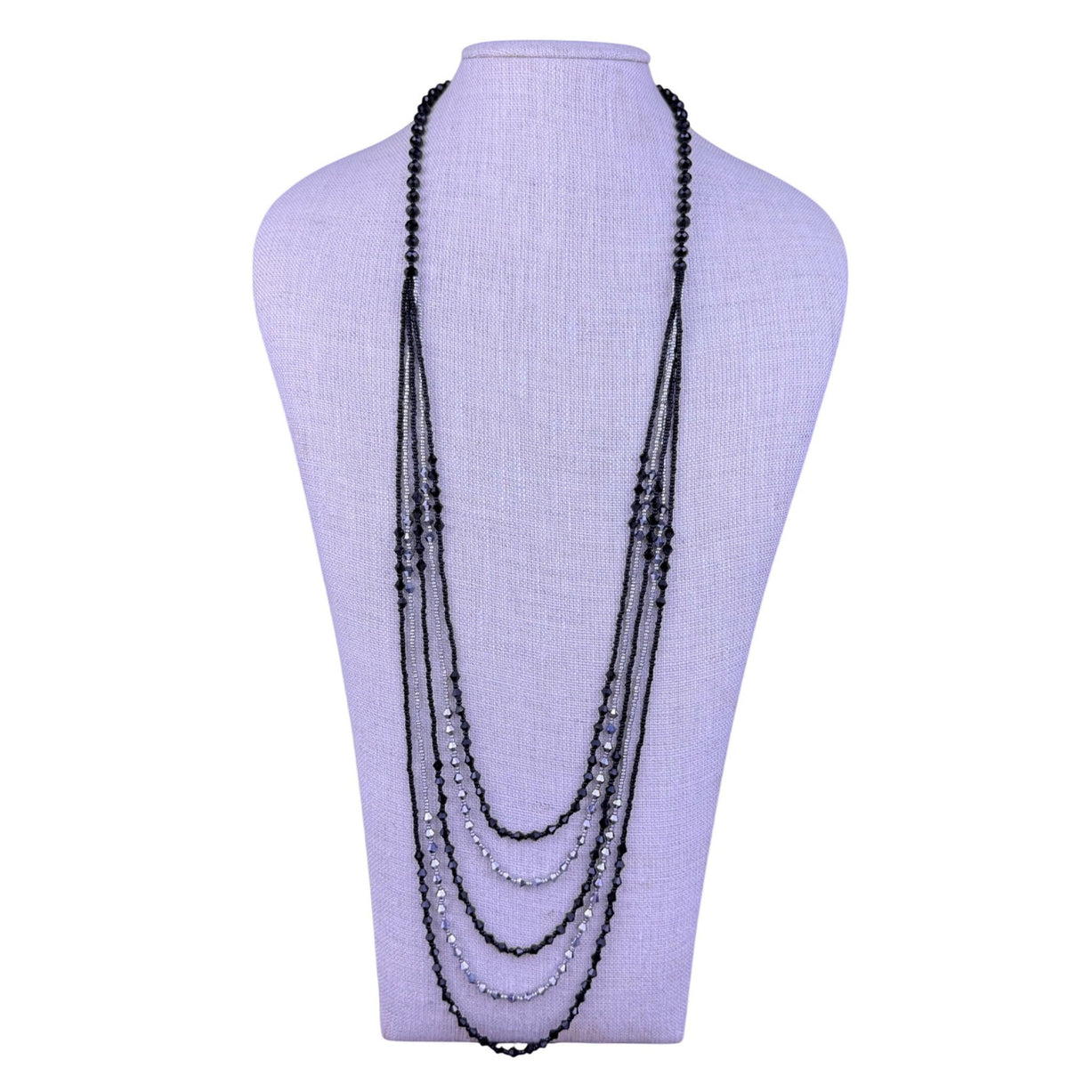 Black Multi-Layer Crystal Beaded Necklace Womens Silver Tone Elegant Design 