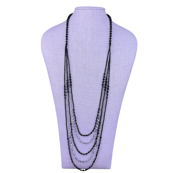Black Multi-Layer Crystal Beaded Necklace Womens Silver Tone Elegant Design 
