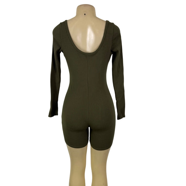 Fashion Nova Womens Olive Ribbed Long Sleeve Snatched Romper Rayon/Spandex Sz XL