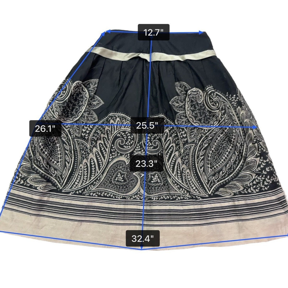Black Cotton & Silk Women’s Paisley Midi Skirt With Pleats & Beige Accents
