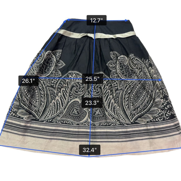 Black Cotton & Silk Women’s Paisley Midi Skirt With Pleats & Beige Accents