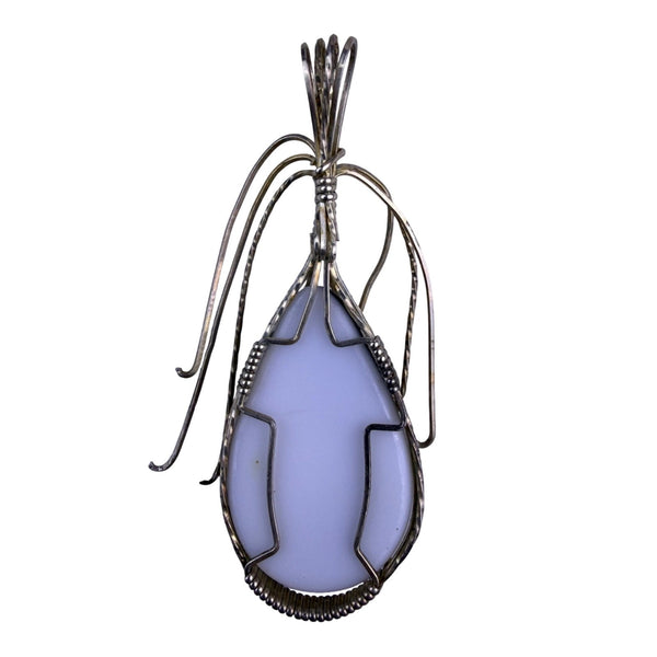 Handcrafted Silver Tone Wire Wrapped Pendant Teardrop Black & White Agate Stone