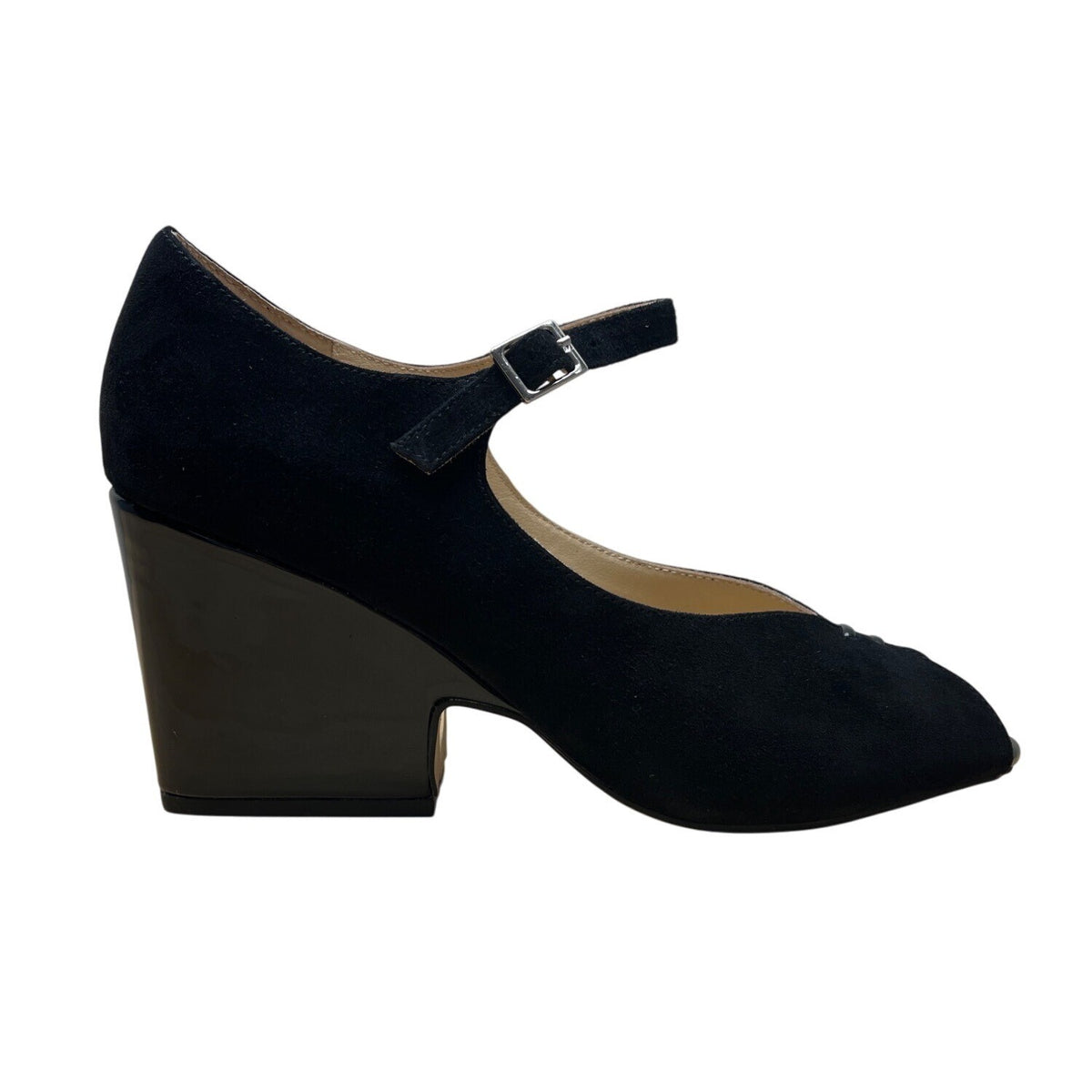Sacha London Black Suede Peep-Toe Buckle Strap Saba Block Heel Pumps Sz 9