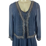 Jkara Women’s Navy Blue Beaded Sleeveless Evening Gown With Sheer Jacket Sz 12