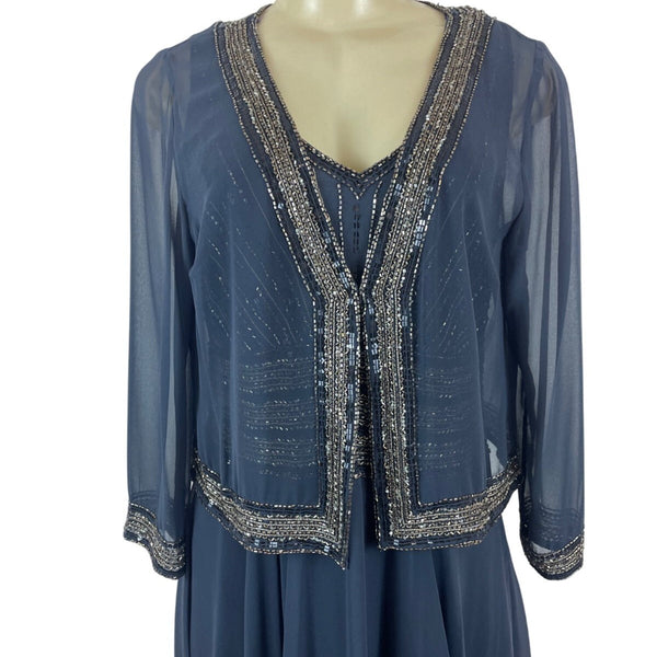 Jkara Women’s Navy Blue Beaded Sleeveless Evening Gown With Sheer Jacket Sz 12