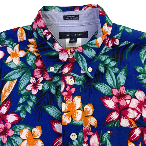 Tommy Hilfiger Mens Blue Linen & Cotton Hawaiian Floral Button-Up Shirt Size M