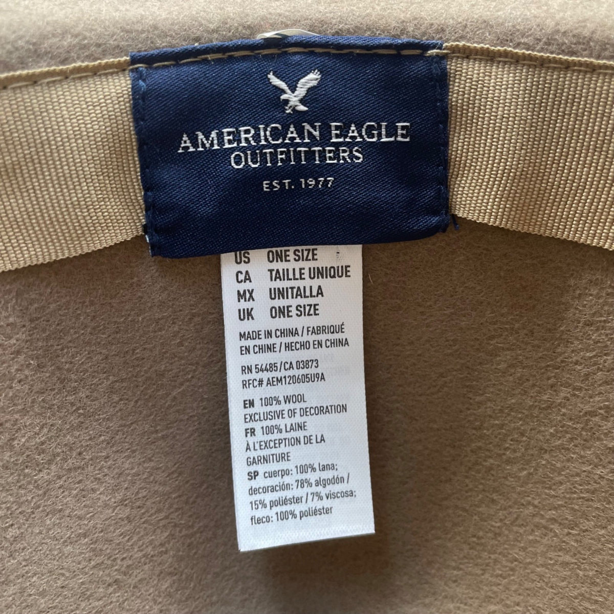 American Eagle Women Beige Wool Wide Brim Floppy Hat With Black Braided Cord