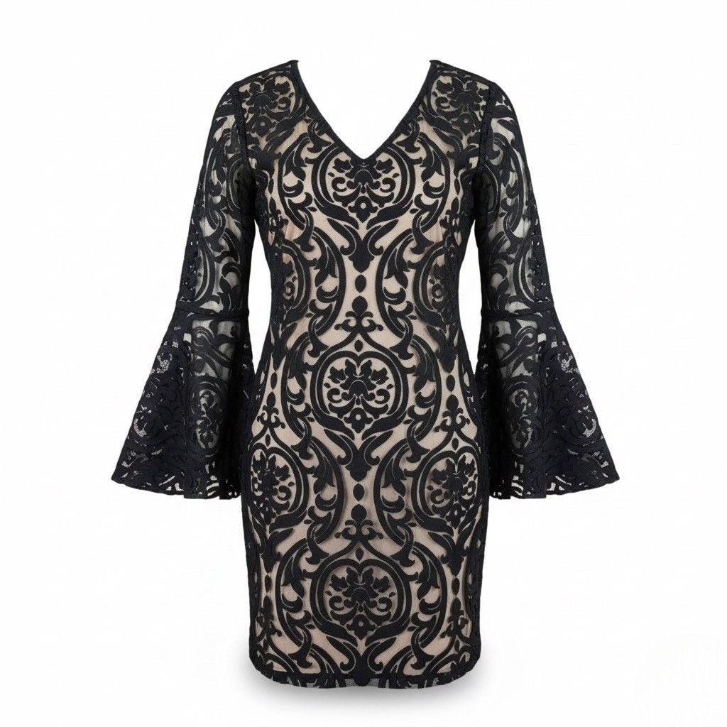 MSK Womens Black Lace Bell Sleeve Dress Polyester Blend Size 16