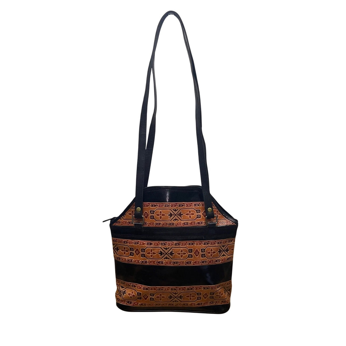 Women’s Black Brown Leather Patterned With Dual Shoulder Straps Tote Bag