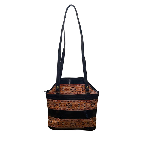 Women’s Black Brown Leather Patterned With Dual Shoulder Straps Tote Bag