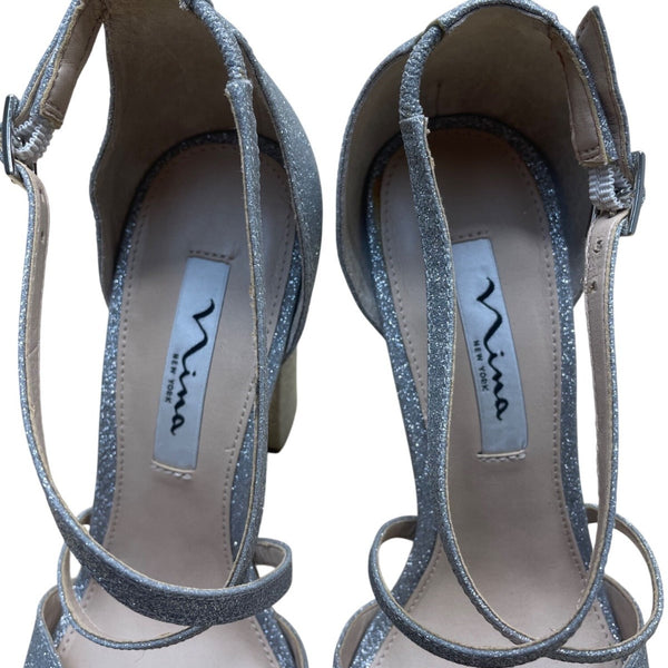 Nina Women’s Silver Glittered Chunky Heel Crisscross Strap Dress Sandals Size 8M