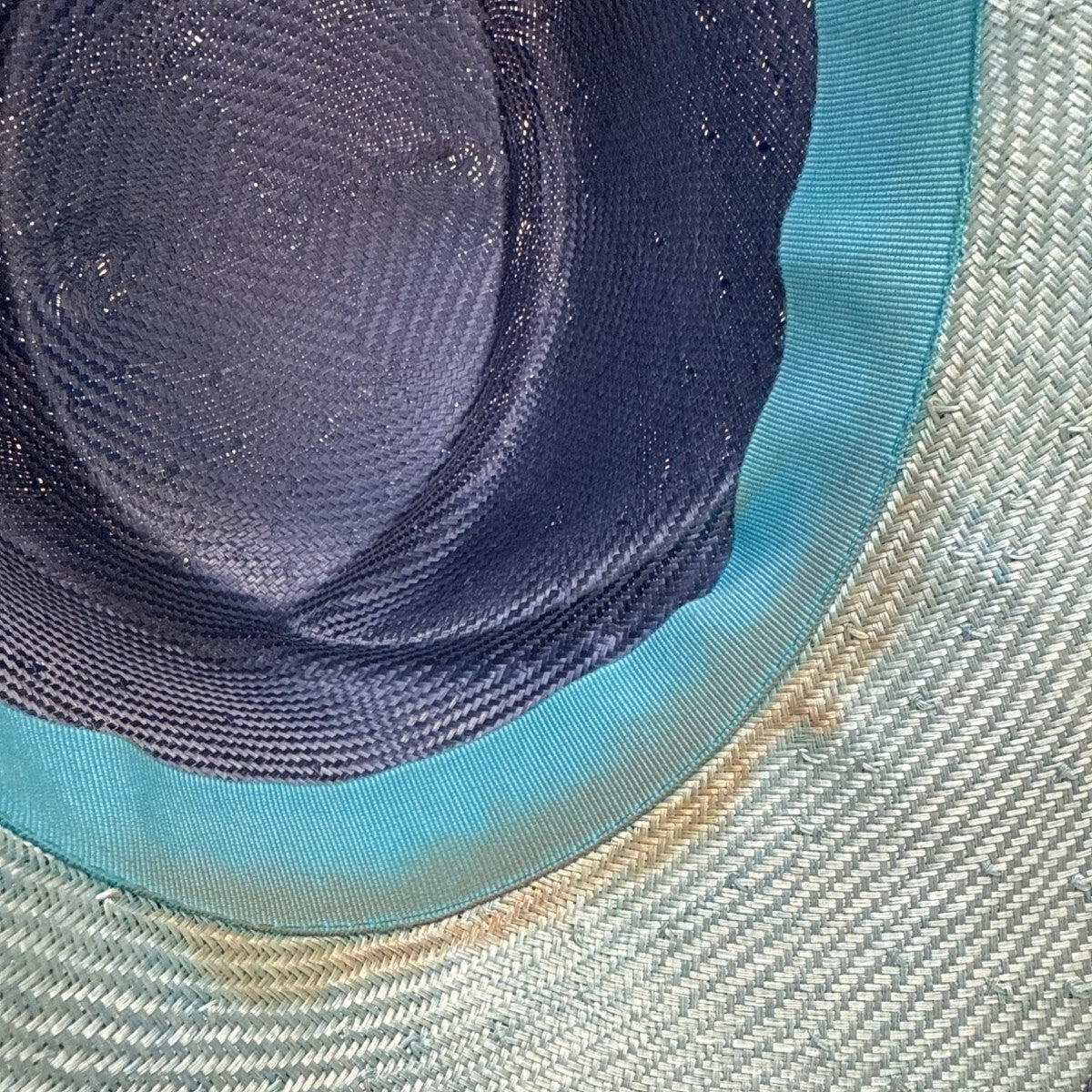 Vtg Nordstrom Blue Straw Hat W/ Pink Floral Accent & Green Ribbon Embellishment