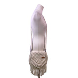 Lucky Hat Women’s White Macrame With Fringe Detail Crossbody Bag