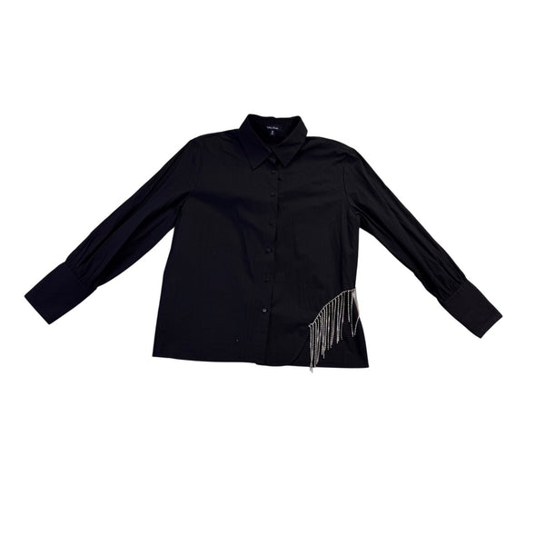 Lea & Viola Womens Black Cotton Button-Up Shirt With Rhinestone Fringe Size M