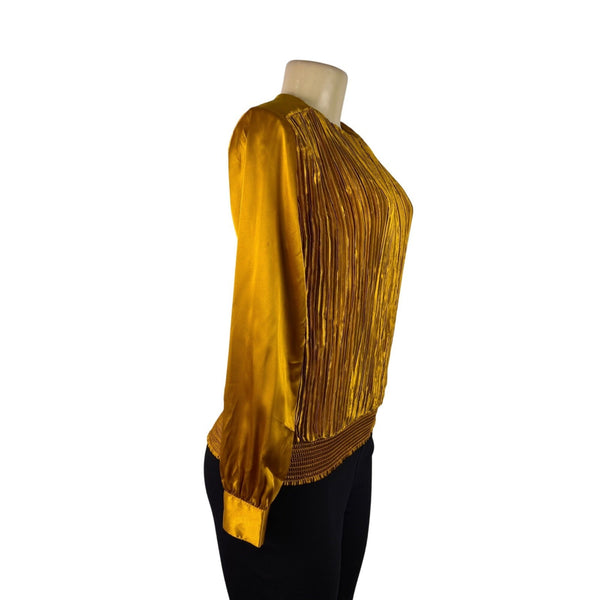 Vintage Notations Women’s Gold Polyester Long-Sleeve Blouse Pleated Front Size 4