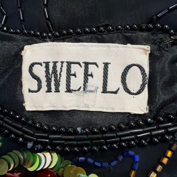 Swee Lo Womens Black Silk Beaded & Sequin Shirt Floral Design Size L