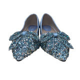 Huiyesheng Women’s Blue Rhinestone Bow Low-Heel Pointed-Toe Flats Size US10.5