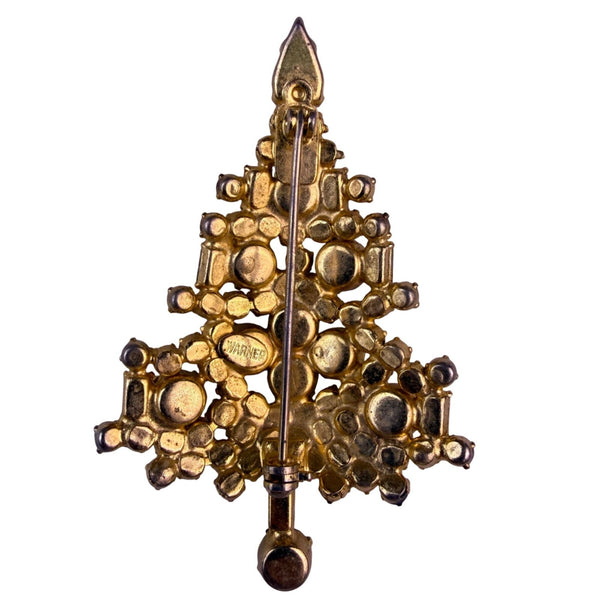 Warner Multicolor Rhinestone Christmas Tree Brooch Gold Tone Holiday Vintage Pin