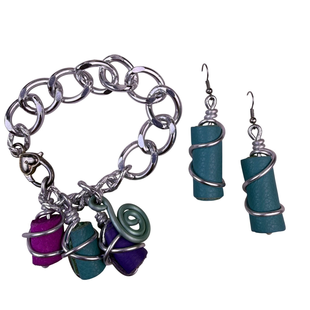Handcrafted Womens Multi-Color Leather & Metal Necklace Bracelet Earring Set