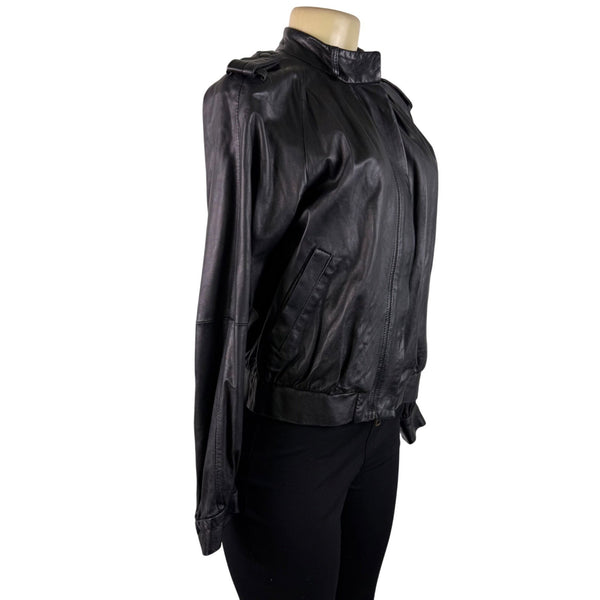 Theory Womens Black Leather Jacket Small Italy Epaulet Bomber Style Zip Closure