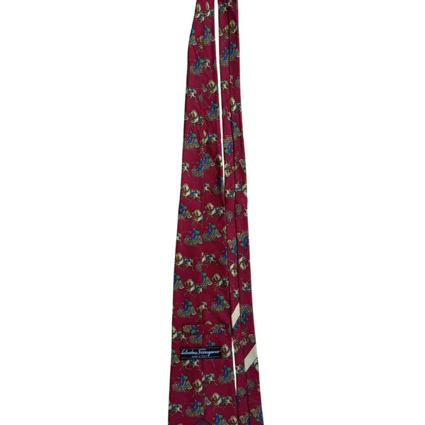 Salvatore Ferragamo Mens Red Silk Tie With Horse & Carriage Print