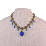 Vintage Avon Gold Tone Necklace Blue Briolette Drop & Rhinestone Accents
