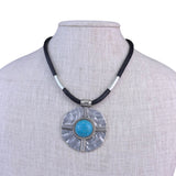 Silver Plated Choker Necklace With Hammered Pendant & Turquoise Colored Stone