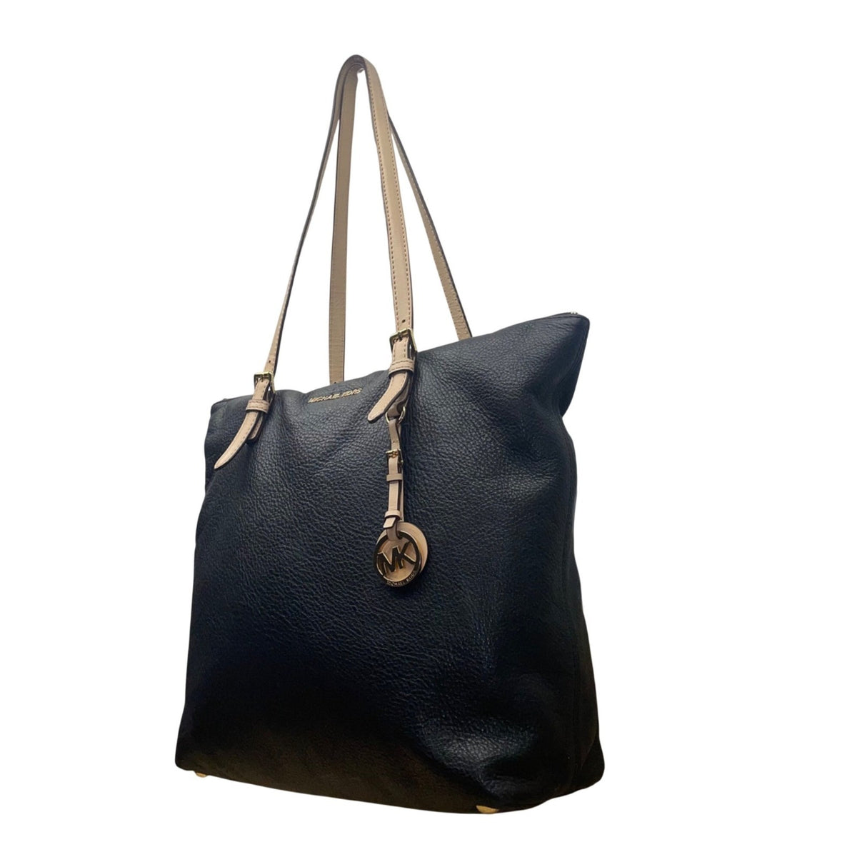 Michael Kors Women’s Black Pebbled Leather Gold Hardware Beige Straps Tote Bag