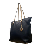Michael Kors Women’s Black Pebbled Leather Gold Hardware Beige Straps Tote Bag