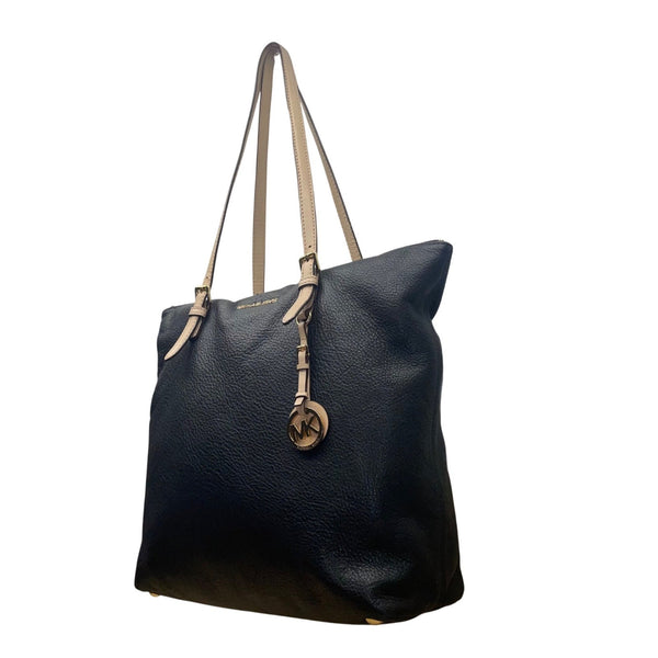 Michael Kors Women’s Black Pebbled Leather Gold Hardware Beige Straps Tote Bag