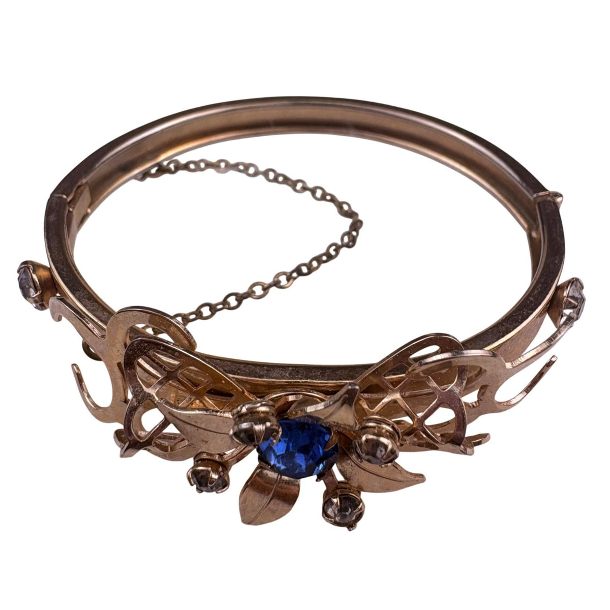 Gold Filled Womens Gold Tone & Blue Crystal Filigree Cuff Bracelet Vintage
