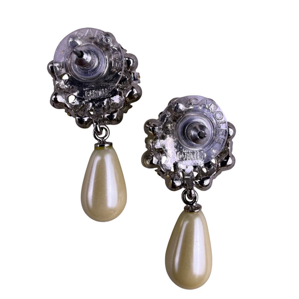 Carolee Womens Silver Tone Crystal & Faux Pearl Drop Earrings Original Box 