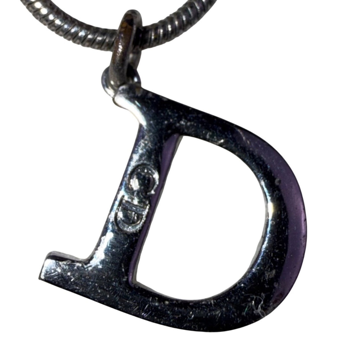 Christian Dior Womens Silver Tone Necklace D Logo Designer Charm Vintage Style