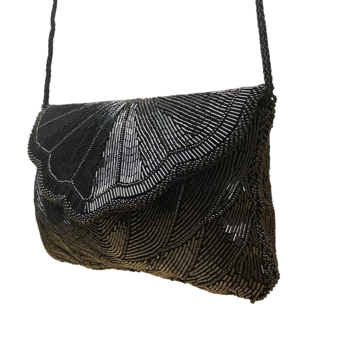 André Cellini Women’s Black Beaded Elegant Scallop Design Formal Crossbody Bag