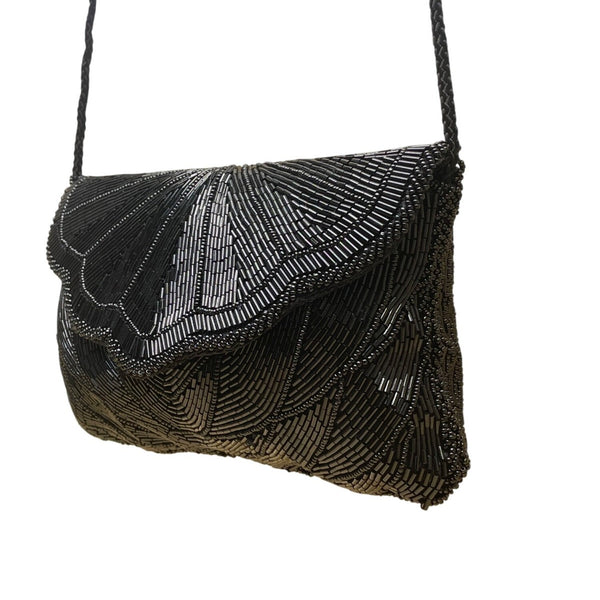 André Cellini Women’s Black Beaded Elegant Scallop Design Formal Crossbody Bag