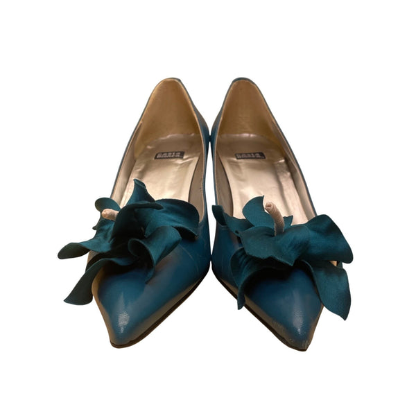 Costa Blanca Women’s Teal Blue Leather Pointed Toe Floral Detail Heels Size 8M