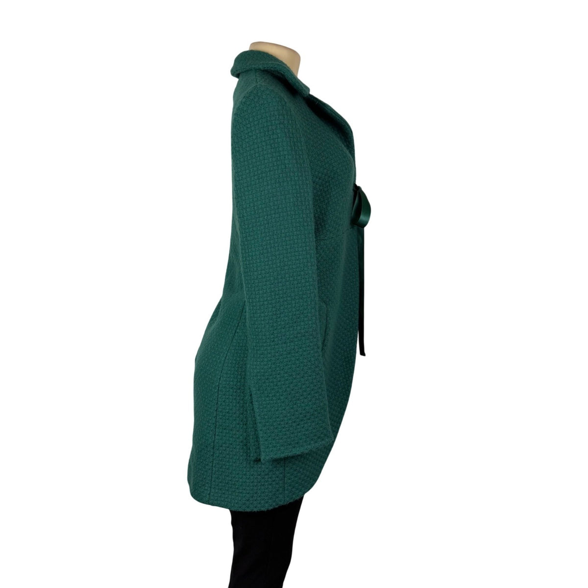 Kristina Ti Green Waffle Coat With Satin Ribbon Tie Waist Made In Italy Size M