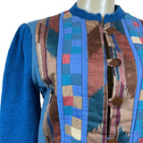 Vintage Button-Up Patchwork Cardigan Sweater With Textured Blue Sleeves Sz S/M