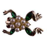 Gold Tone Womens Frog Brooch White Faux Pearl & Green Gem Rhinestone Accents