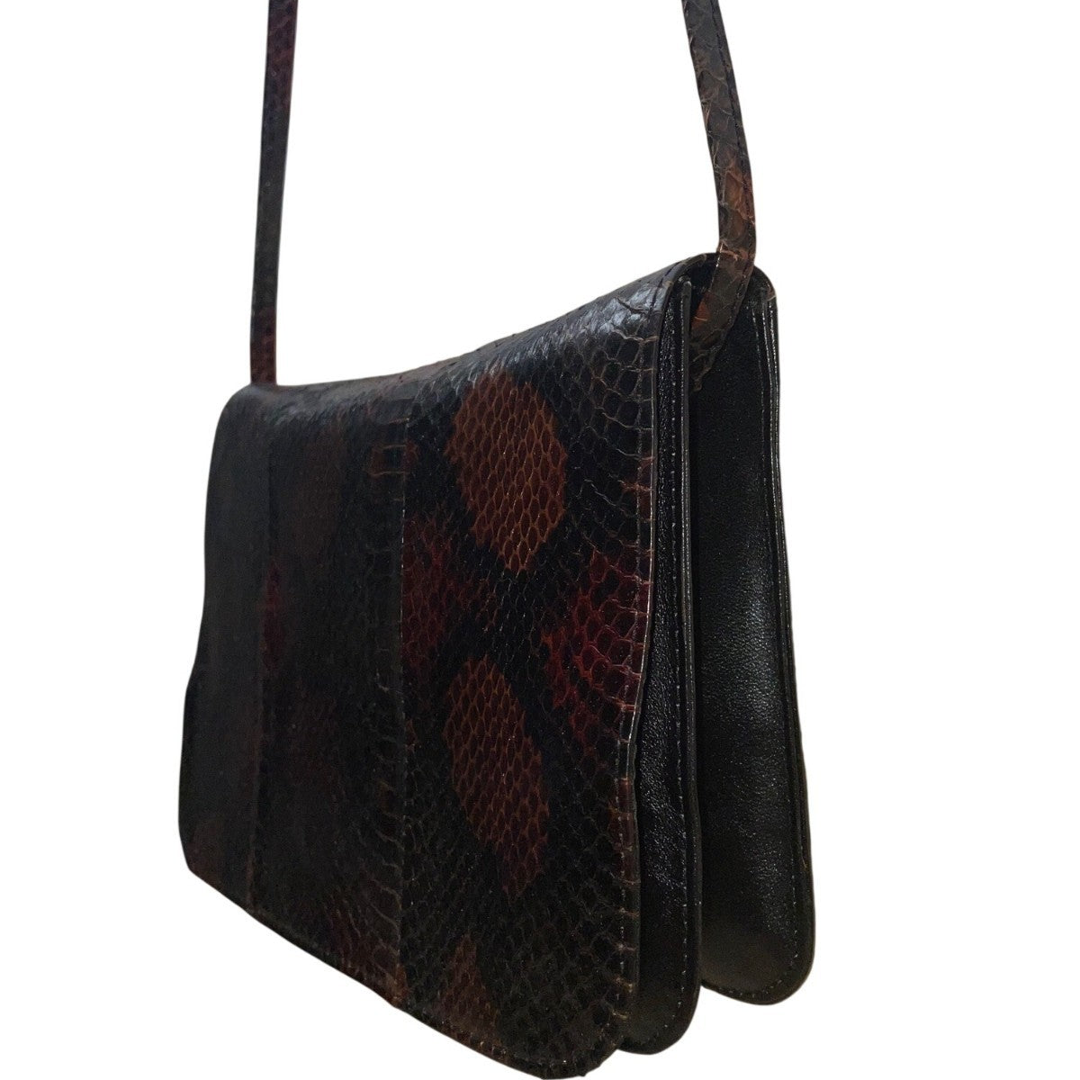 Vintage Bloomingdales 80’s Women’s Black/Brown Leather Snake Print Shoulder Bag