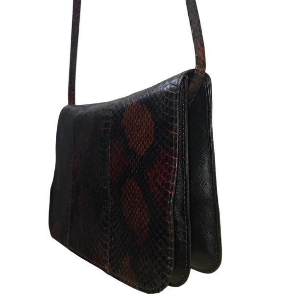 Vintage Bloomingdales 80’s Women’s Black/Brown Leather Snake Print Shoulder Bag