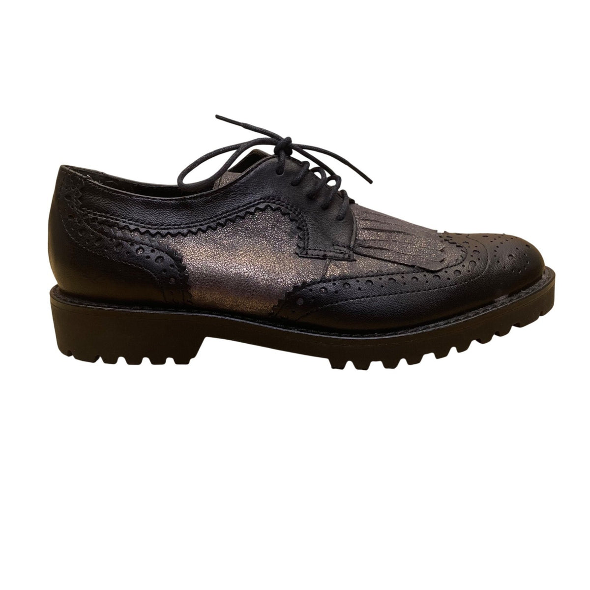Bocage Womens Black Metallic  Loafers Leather Wingtip Brogues With Lug Sole Sz 3
