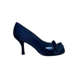 Stuart Weitzman Women’s Black Satin With Pleated Bow Peep Toe Heels Size 7M