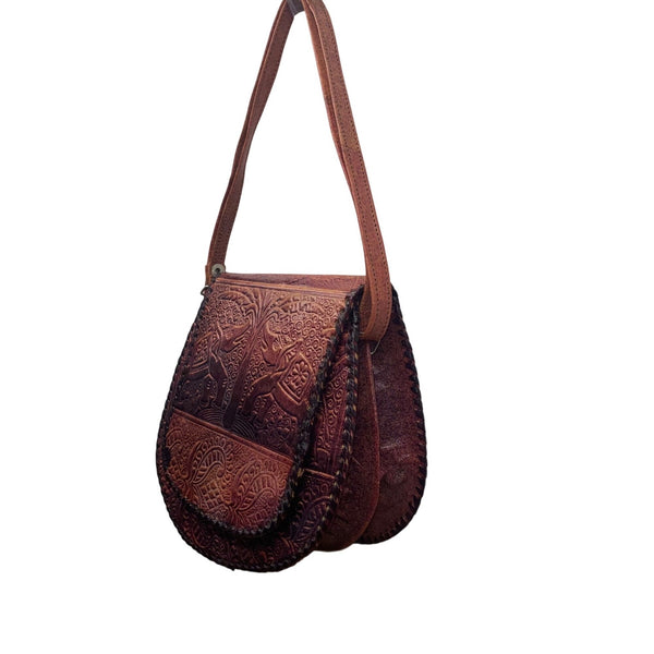 Women’s Brown Elephant & Tree Embossed Leather Shoulder Saddle Bag