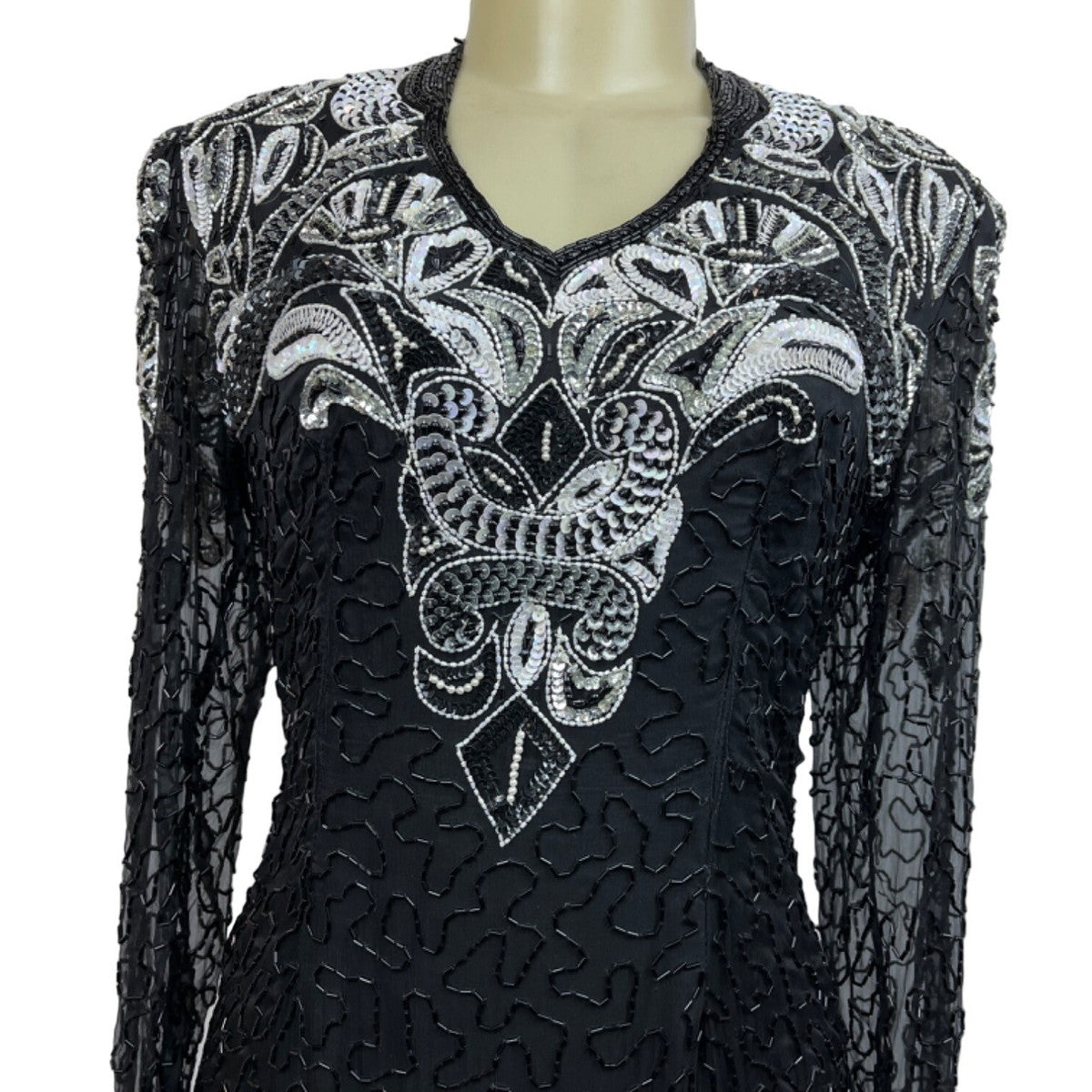 Black & Silver Sequin Beaded Womens Dress Long Sleeve Elegant Design Size M