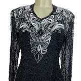 Black & Silver Sequin Beaded Womens Dress Long Sleeve Elegant Design Size M