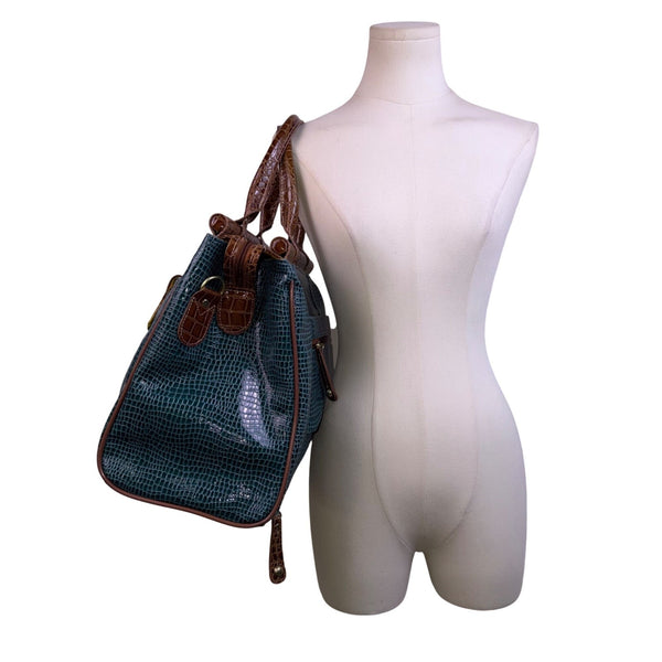 Samantha Brown Women’s Teal & Brown Croc Embossed Lining Dual Handles Travel Bag